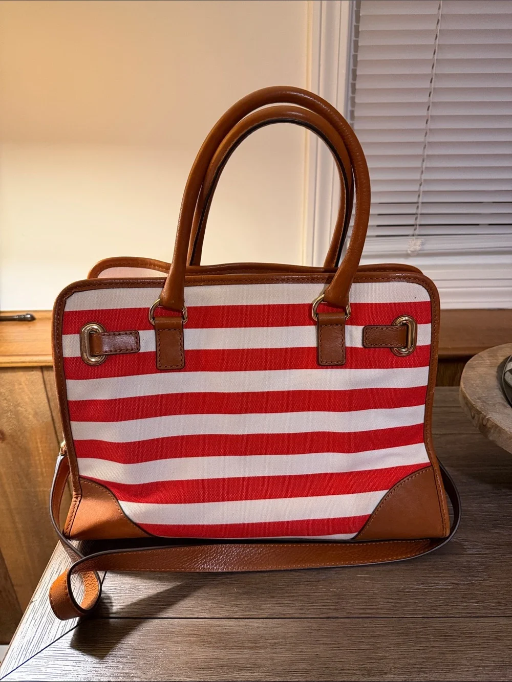 Michael Kors Hamilton Red and White Striped Canvas Tote with Brown Leather Trim